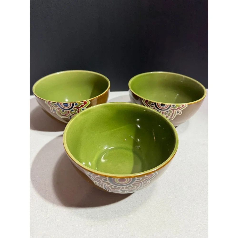 Pier 1 Imports Global Medallion Reactive Stoneware Cereal Bowls Set of 3 Green